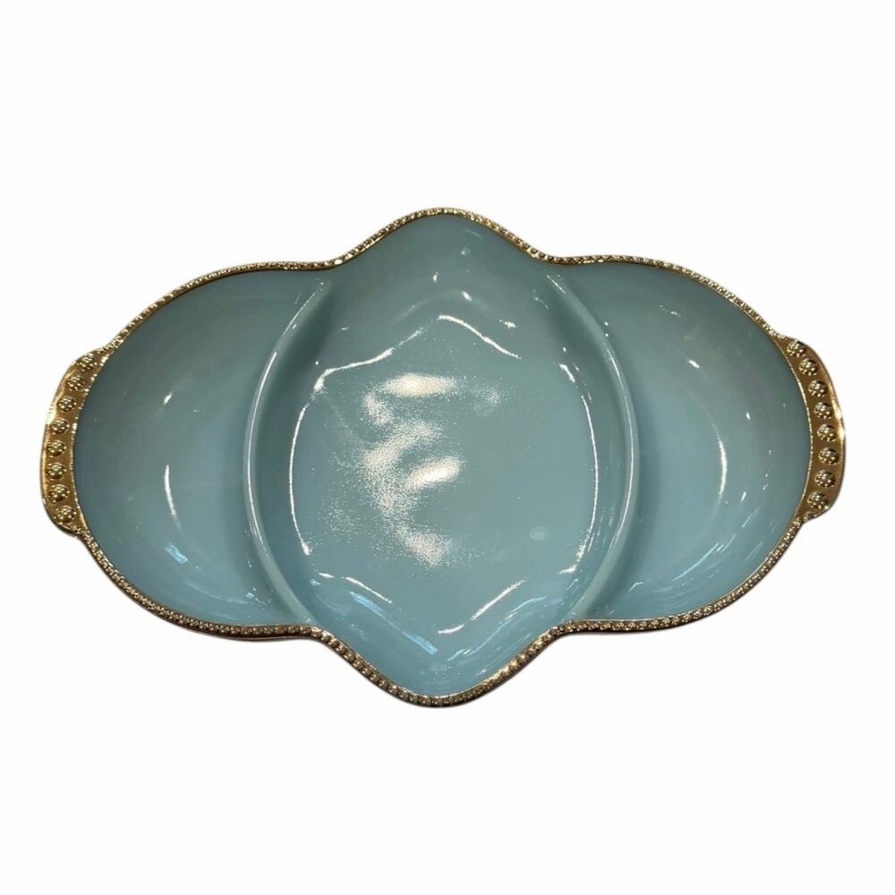 Vintage Fire-King Light Blue Milk Glass Divided Relish Dish 11" Gold Trim USA